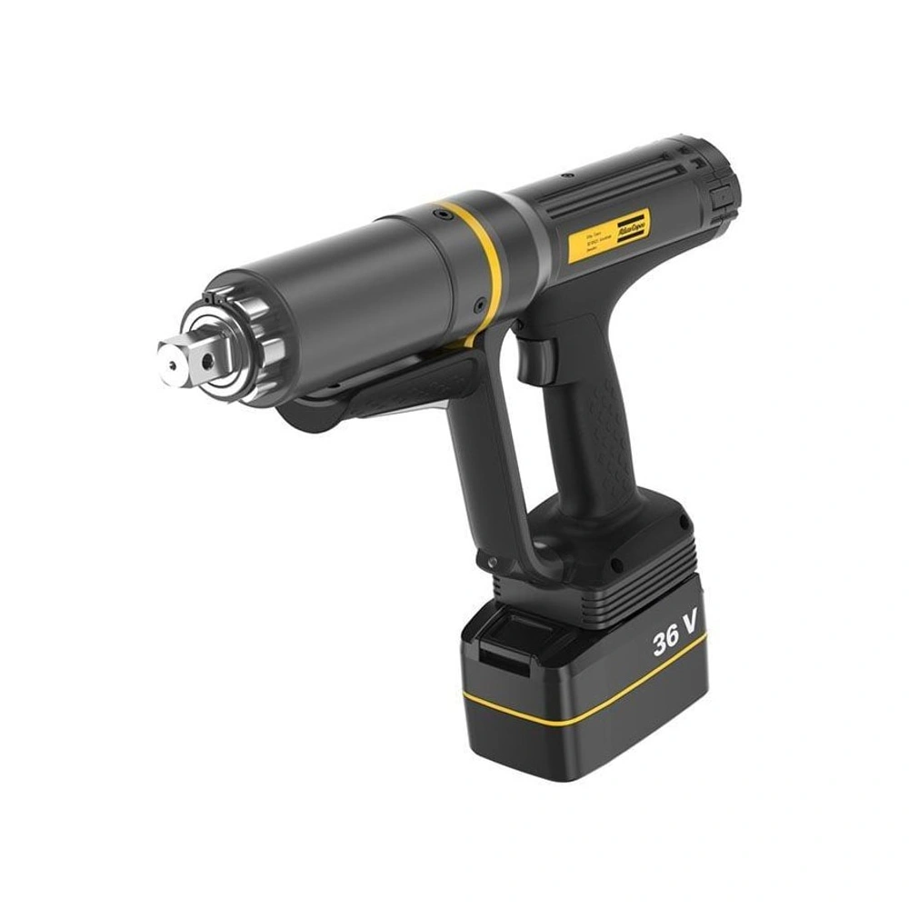 Black cordless torque wrench in an angled view, with a longer front body
