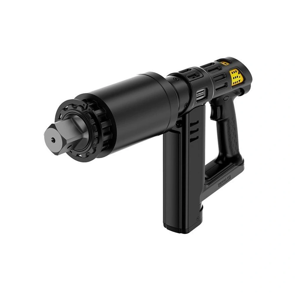 Black torque tool with a thick cylindrical body, pistol grip, and a large