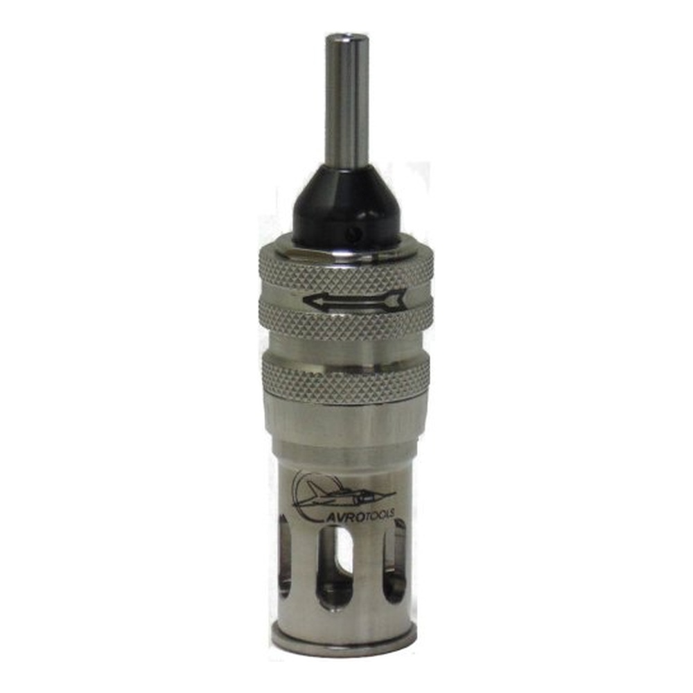 A cylindrical metal housing with a dark top head, knurled rings, and a low