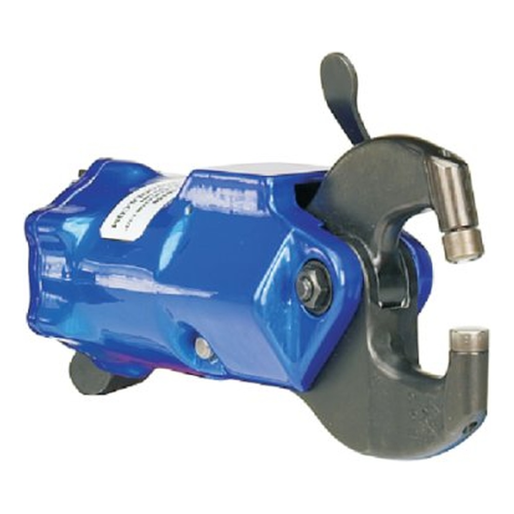 Blue and black pneumatic squeezer with an open C-shaped jaw, side view