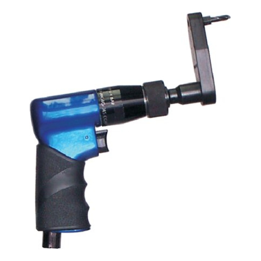 A short angled pneumatic drill with a blue-and-black body and a short front