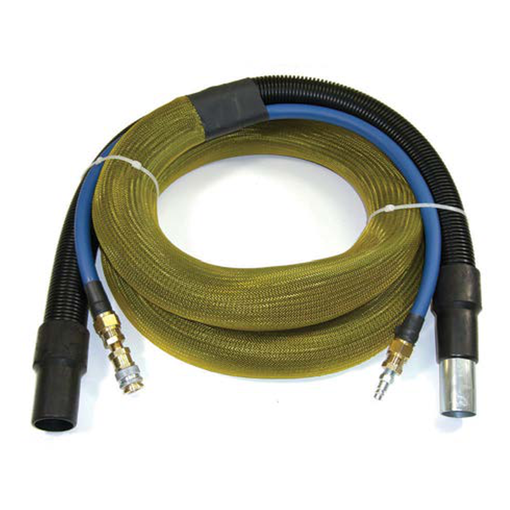 Coiled black, blue, and yellow hose with metal fittings on the ends