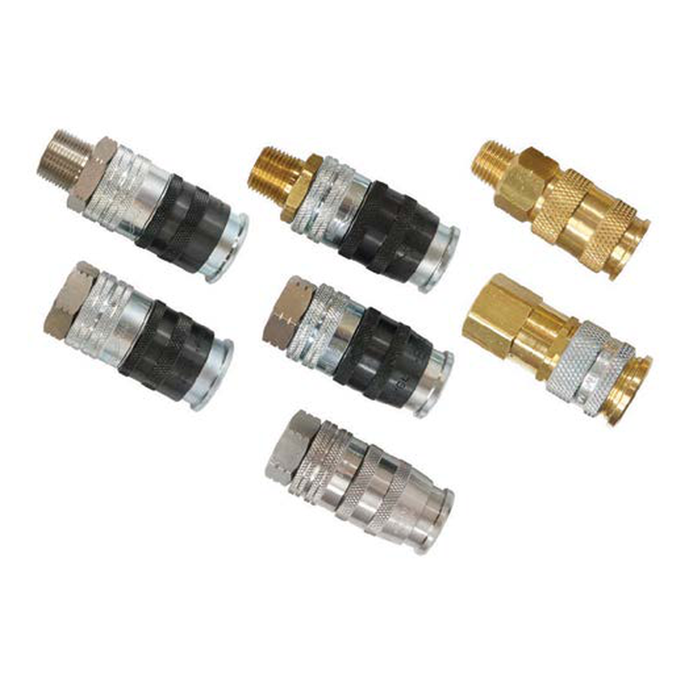 Six metal quick-connect couplers, some silver and some brass-colored