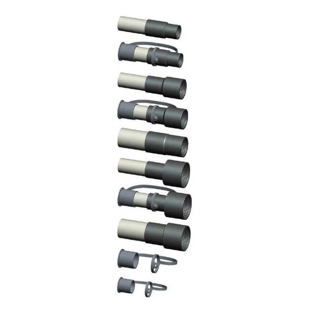 Hose end assembly with two connector ends and locking clips, shown