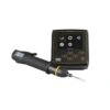 Black handheld tool with a textured grip and separate display screen