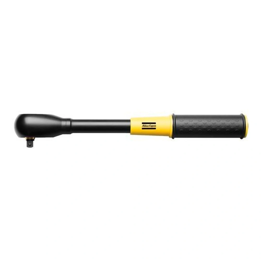 Black and yellow manual torque wrench with a long handle and a small square