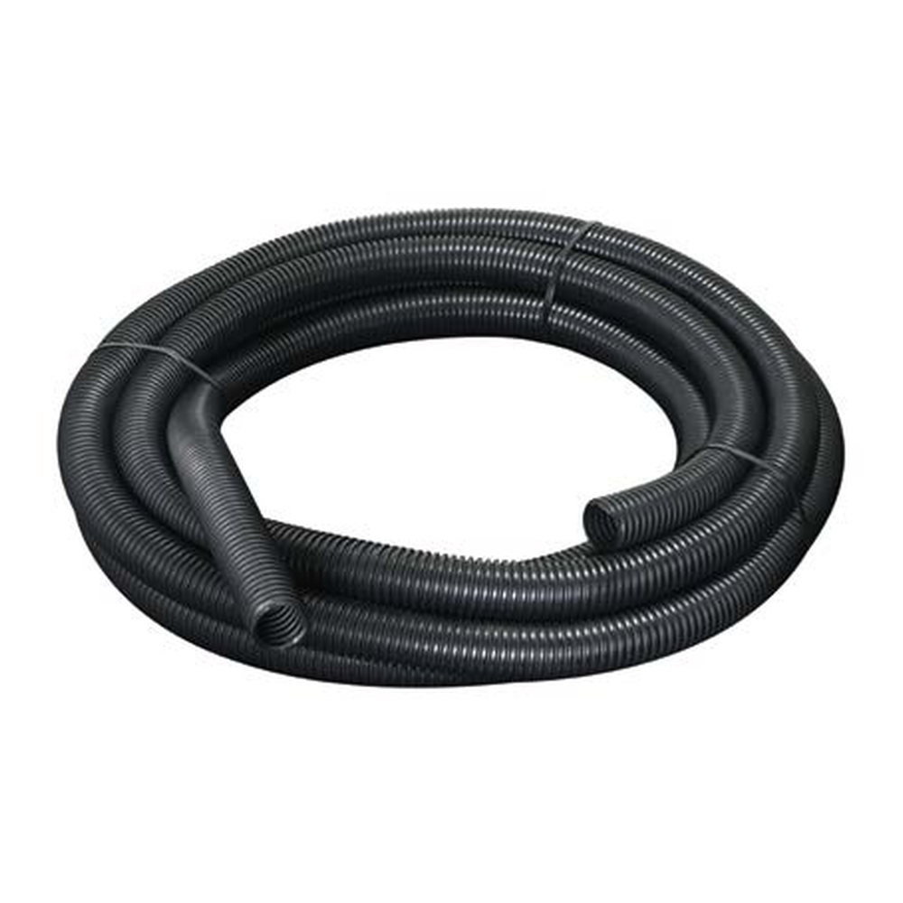 A coiled black corrugated flexible hose on a white background, with both