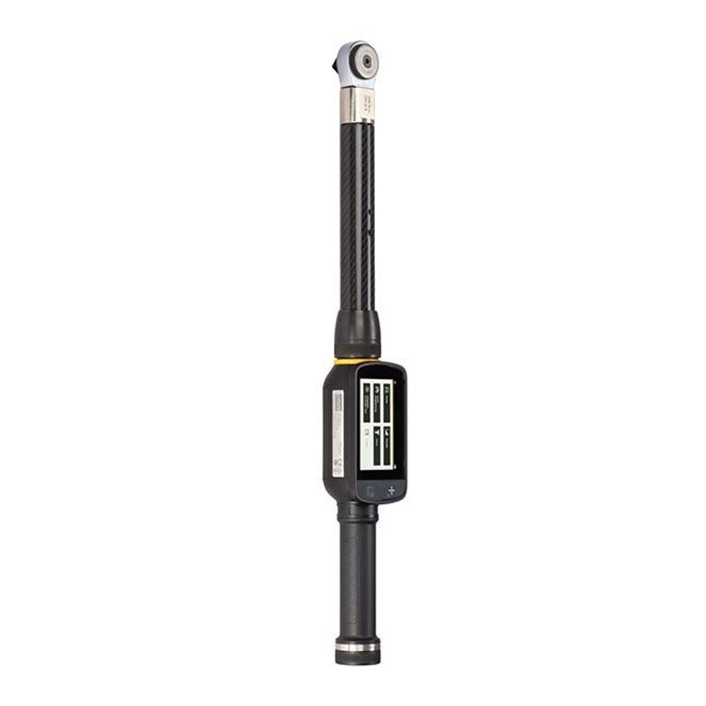 Black digital torque wrench, full front view of a long tool with a centered