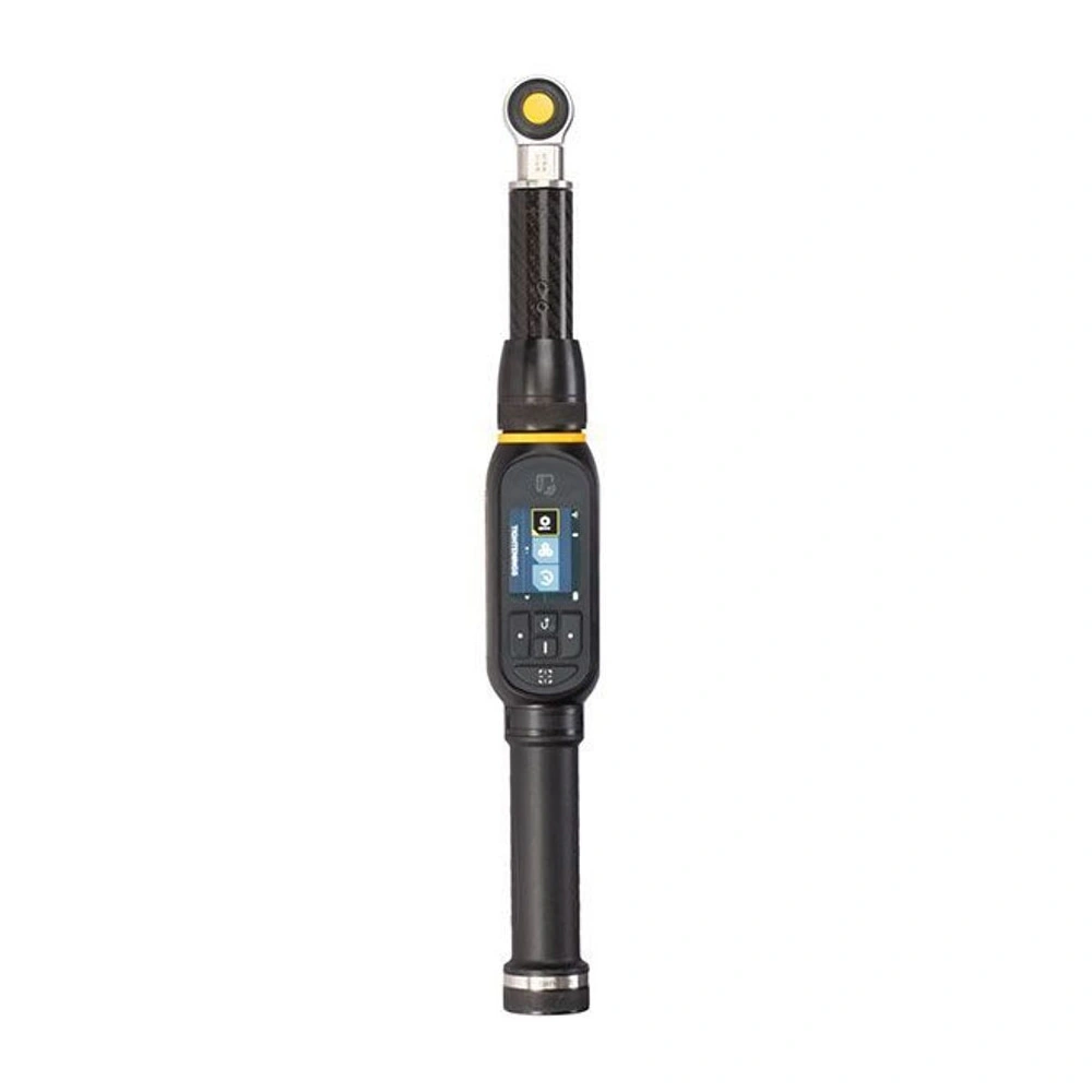Black digital torque wrench, full front view with a display and side buttons