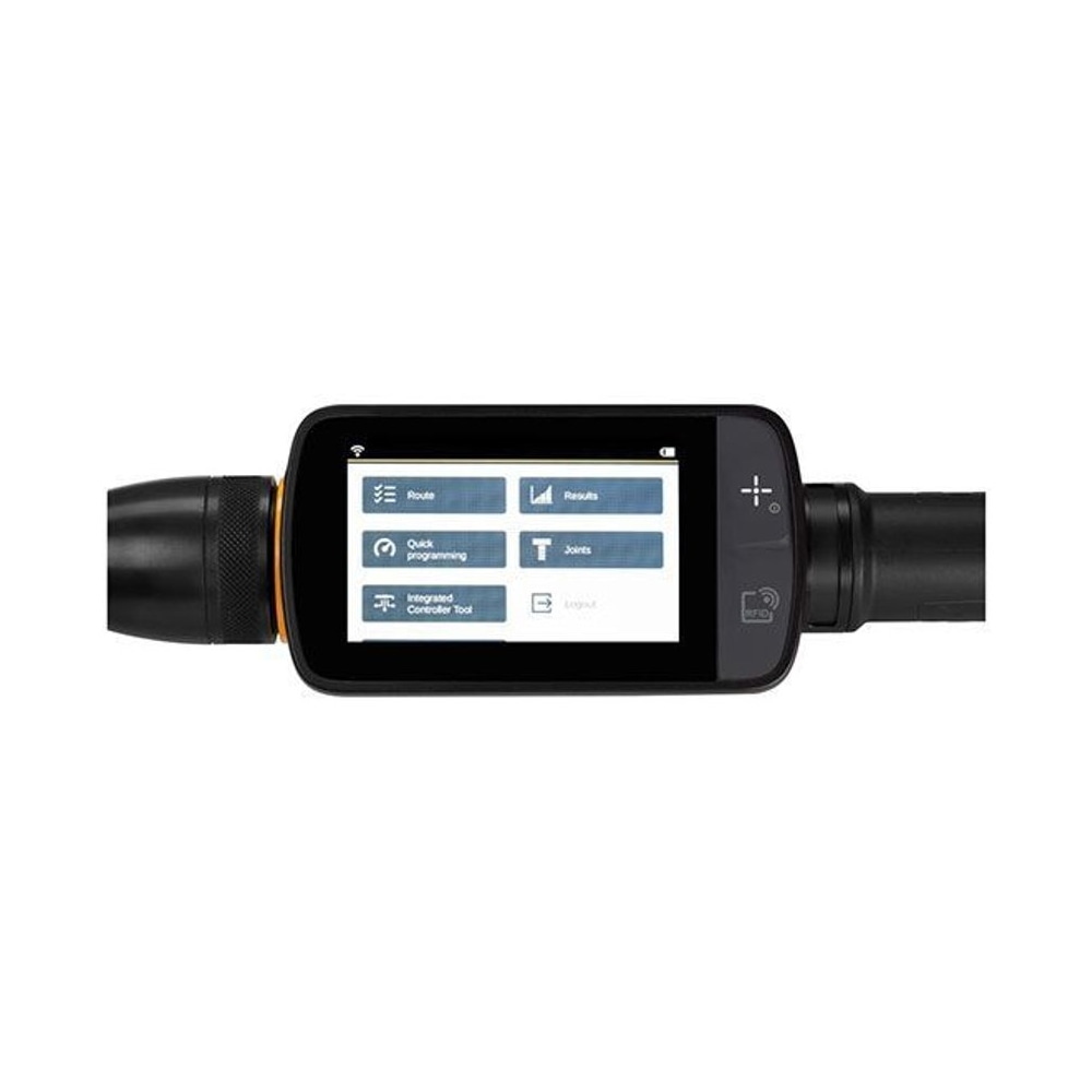 Close-up of a digital torque wrench head section, with a screen and buttons