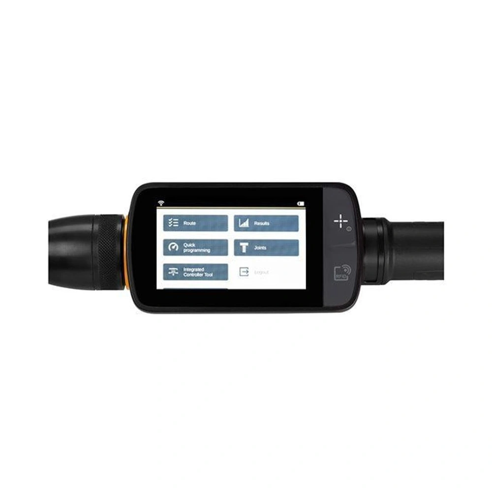 Close-up of a digital torque wrench head section, with a screen and buttons
