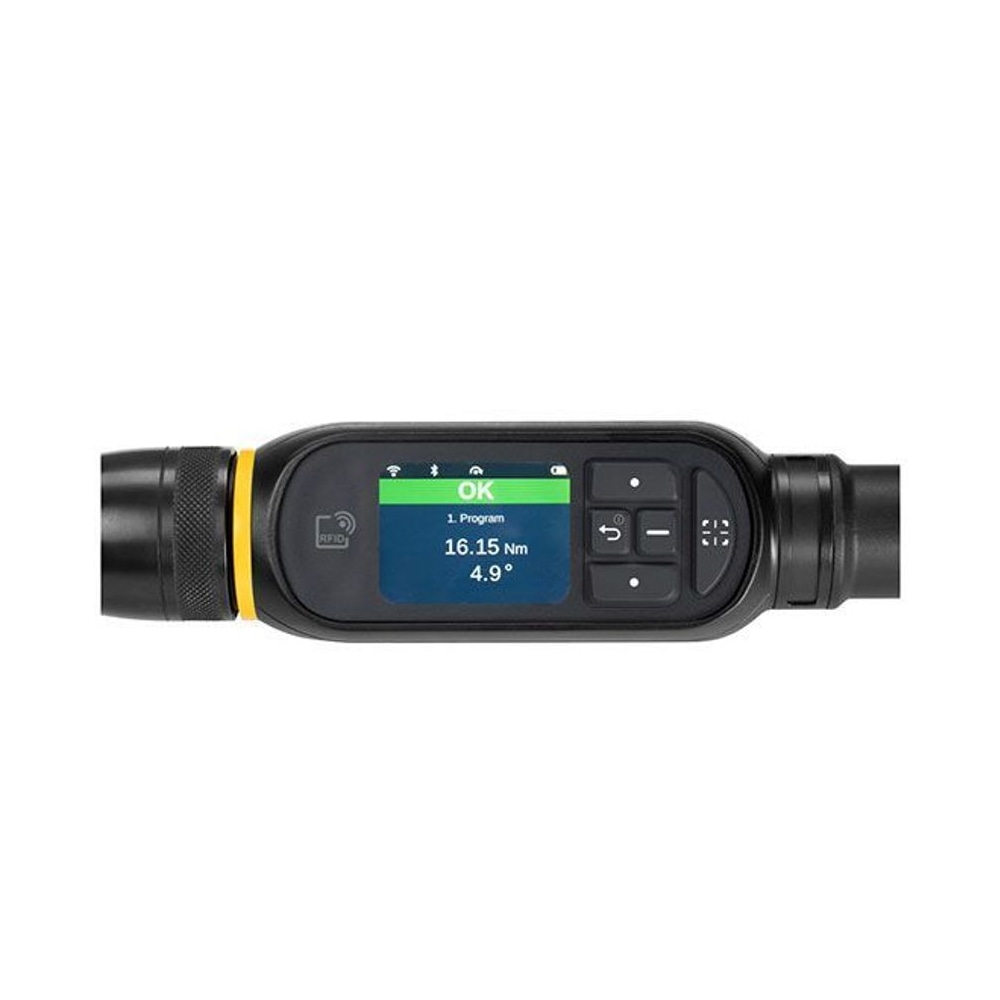 Black digital torque wrench, horizontal close-up of the display and button