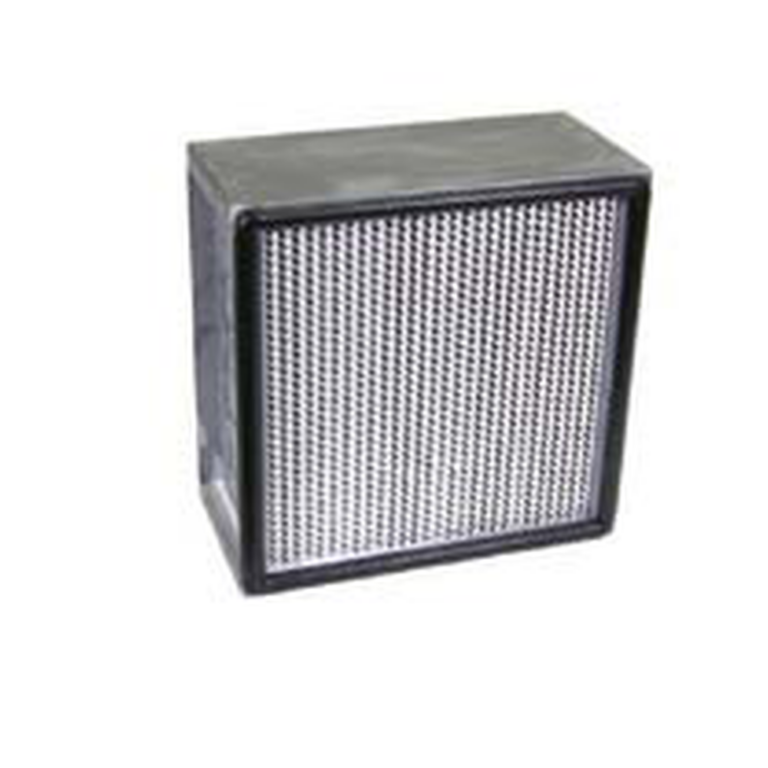 Rectangular gray and black box filter with a dense perforated front, shown