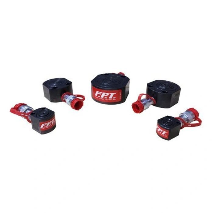 Five low-profile black hydraulic cylinders in different sizes on a white