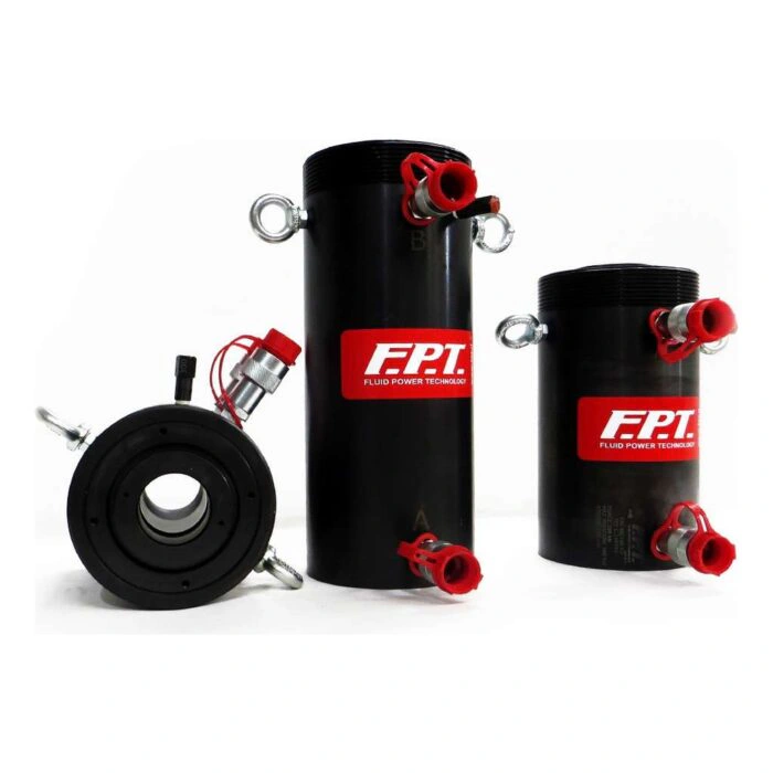 Three black hydraulic lifting cylinders are shown on a white background