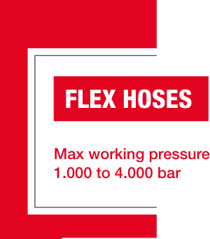 עמוד קטלוג FLEX HOSES עם טווח לחץ עבודה באדום - FLEX HOSES catalog page with working pressure range in red