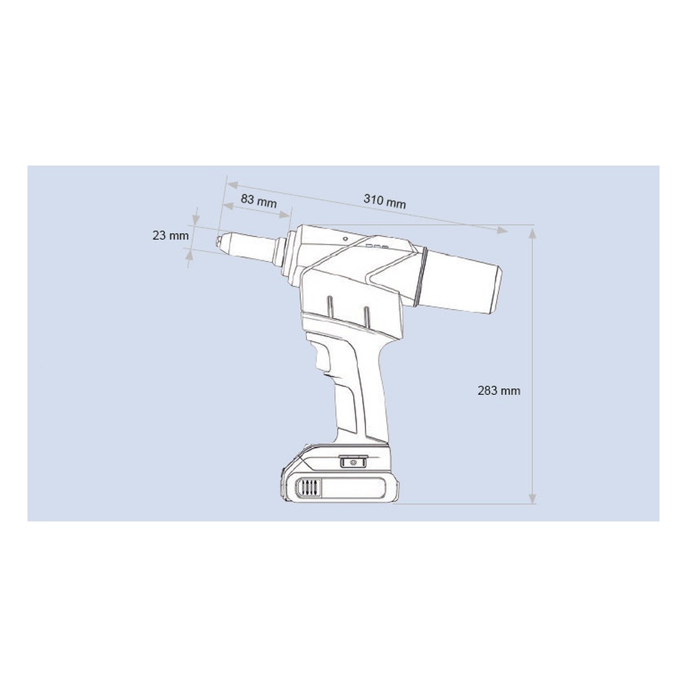 ממדי כלי הסמרור הנטען Honsel Rivdom eBZ 3 באחיזה - Handheld size of the Honsel Rivdom eBZ 3 cordless riveting tool