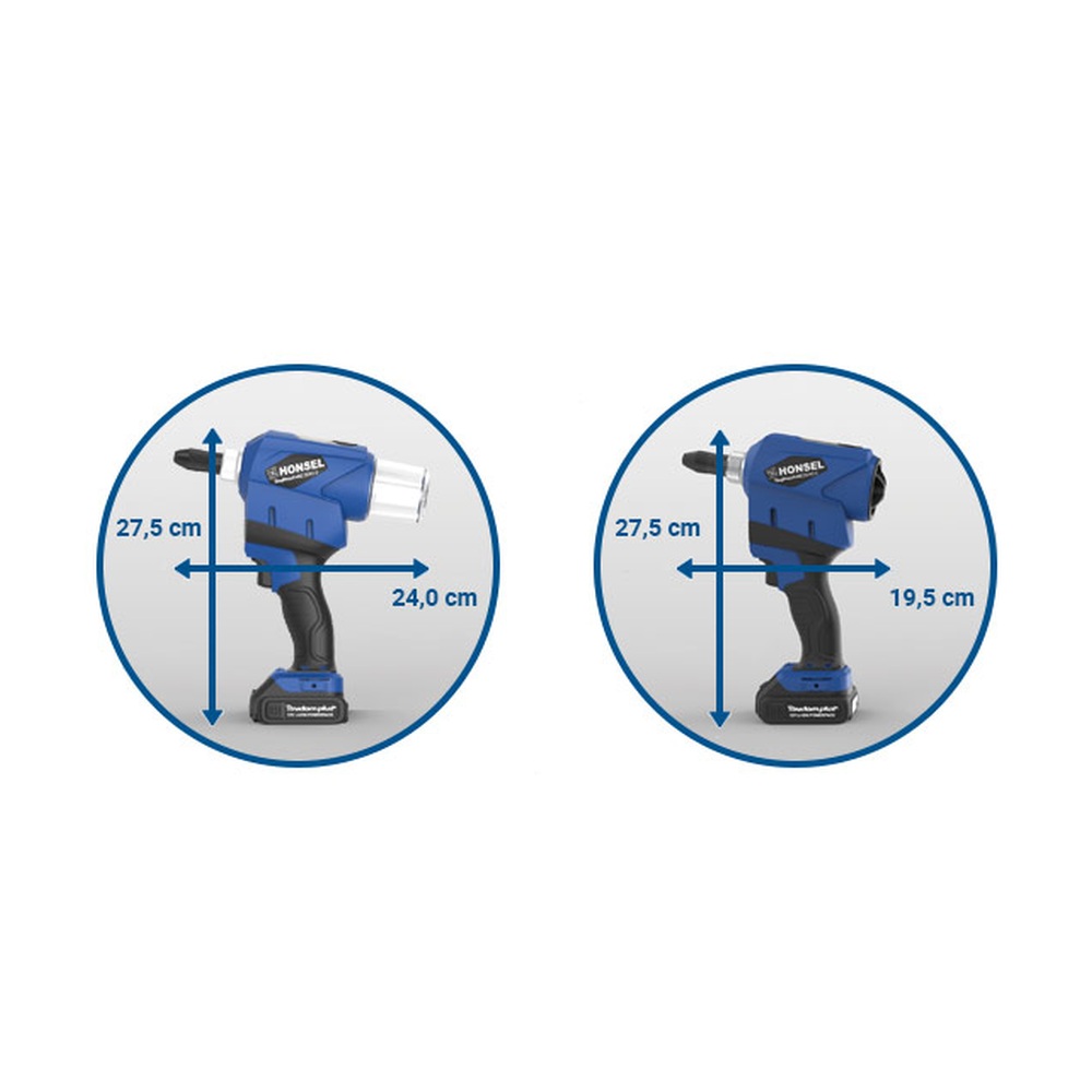 ממדי כלי הסמרור הנטען Honsel RivSmart eBZ ZERO S באחיזה - Handheld size of the Honsel RivSmart eBZ ZERO S cordless riveting tool