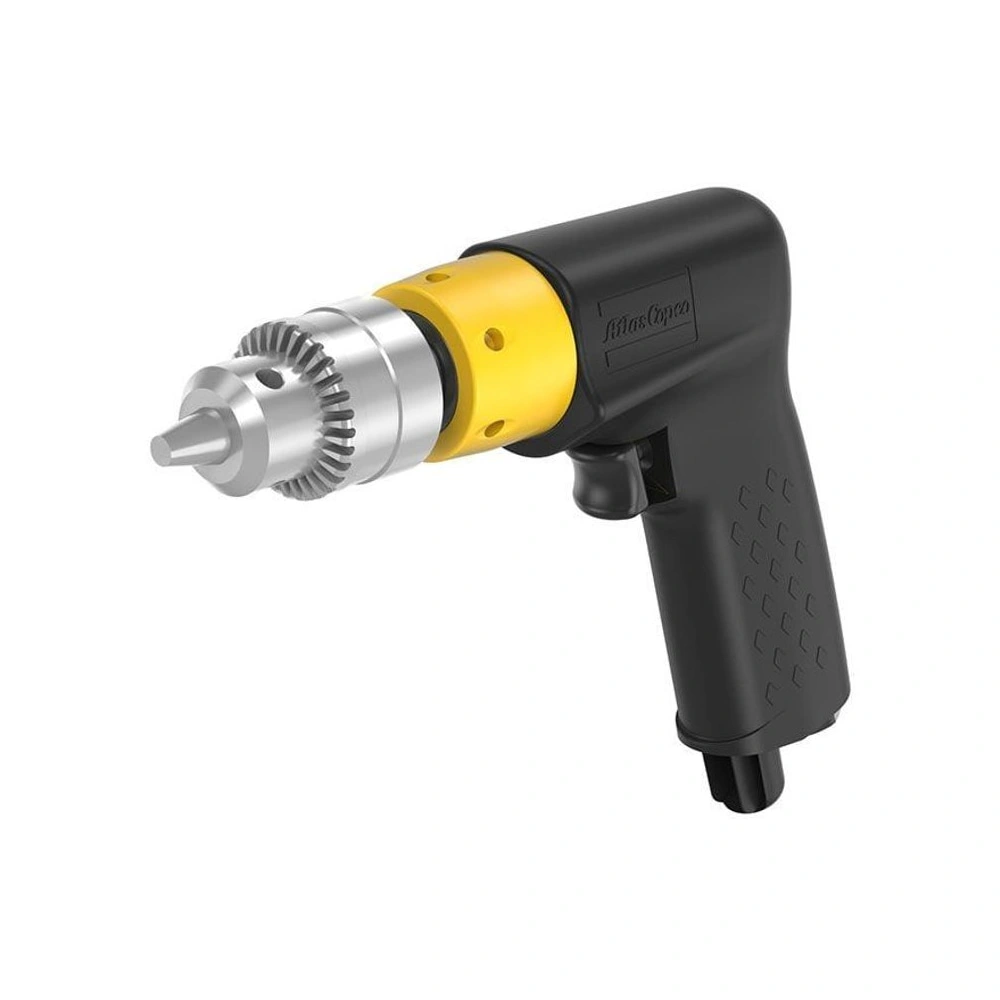 Pistol-grip pneumatic drill in an angled view, with a black body, yellow