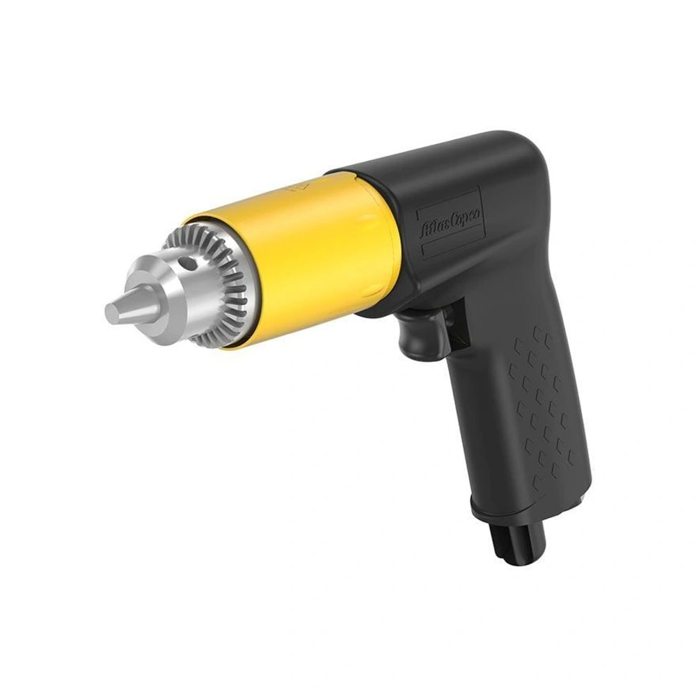 Pistol-grip pneumatic drill in an angled view, with a black body, yellow