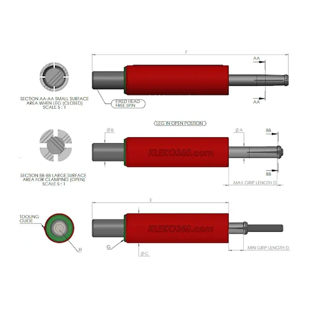 שרטוט מידות ותצורות ראש של מחבר Kwikbolt Kleko360 - Dimensional drawing and head configurations for a Kwikbolt Kleko360 fastener
