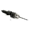 Photo of a black and silver angled drill head with a drill chuck and drill