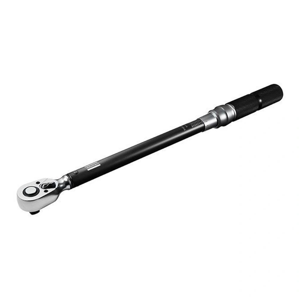 Long manual torque wrench with a ratchet head, shown on a white background
