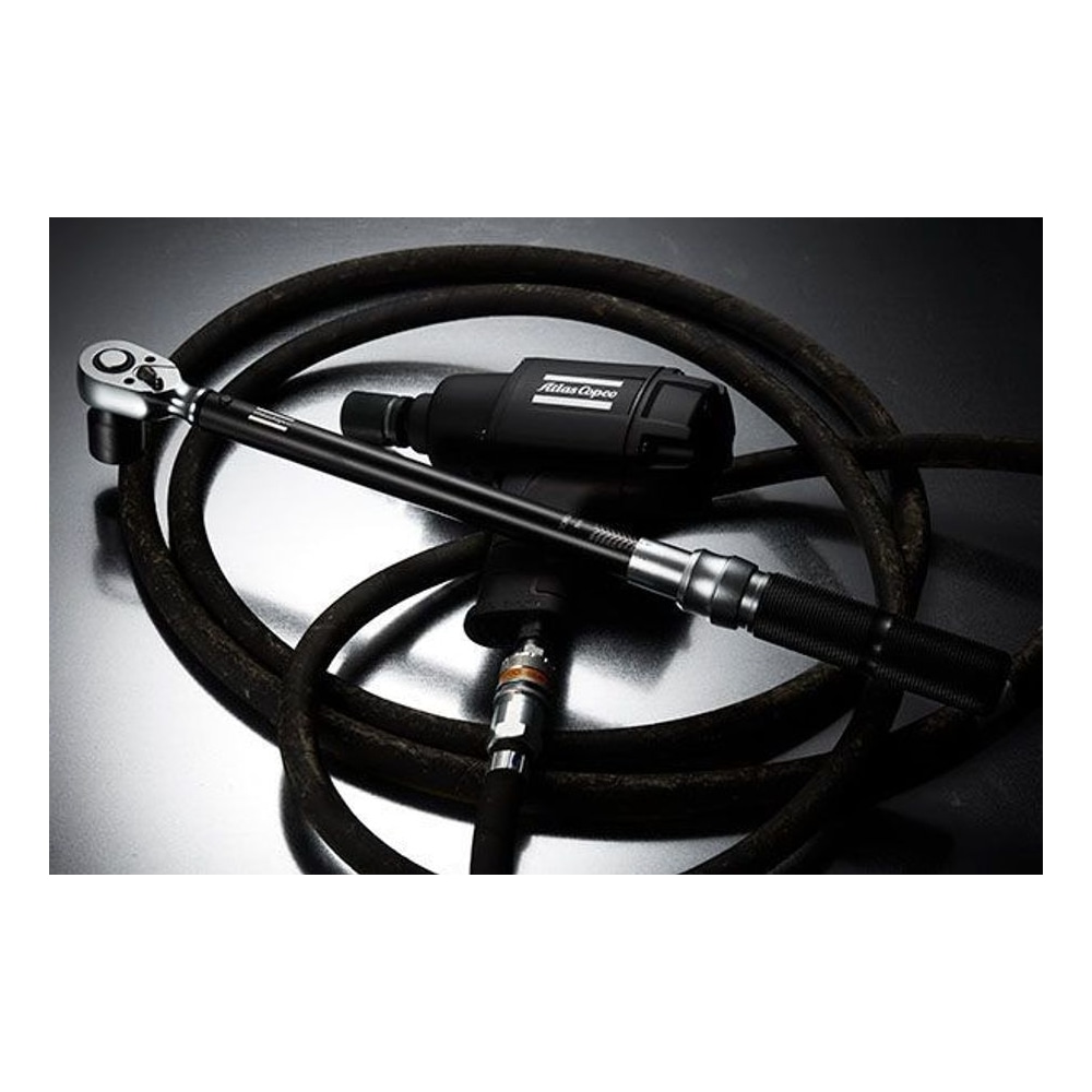 Torque wrench with a black cable or hose coiled around it, beside another