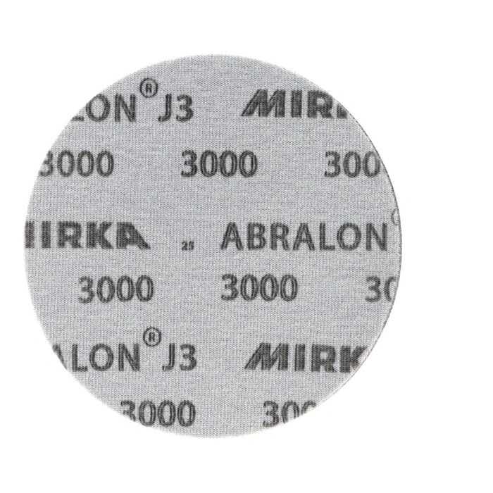 דיסק ליטוש עגול בהיר עם הדפס שחור של MIRKA, ABRALON, J3 ו-3000, מבט חזיתי