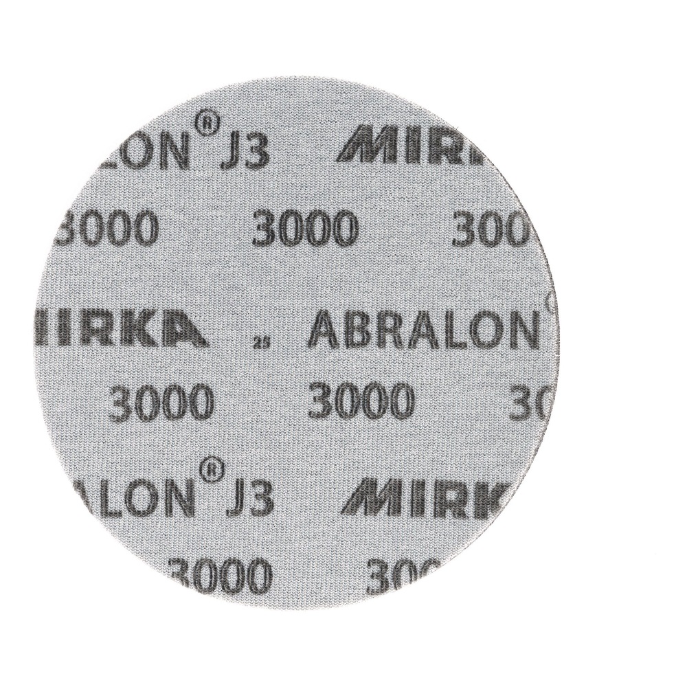 דיסק ליטוש עגול בהיר עם הדפס שחור של MIRKA, ABRALON, J3 ו-3000, מבט חזיתי