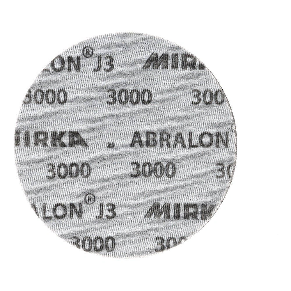 דיסק ליטוש עגול בהיר עם הדפס שחור של MIRKA, ABRALON, J3 ו-3000, מבט חזיתי