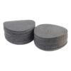 Two stacks of round gray sanding discs shown side by side on a white