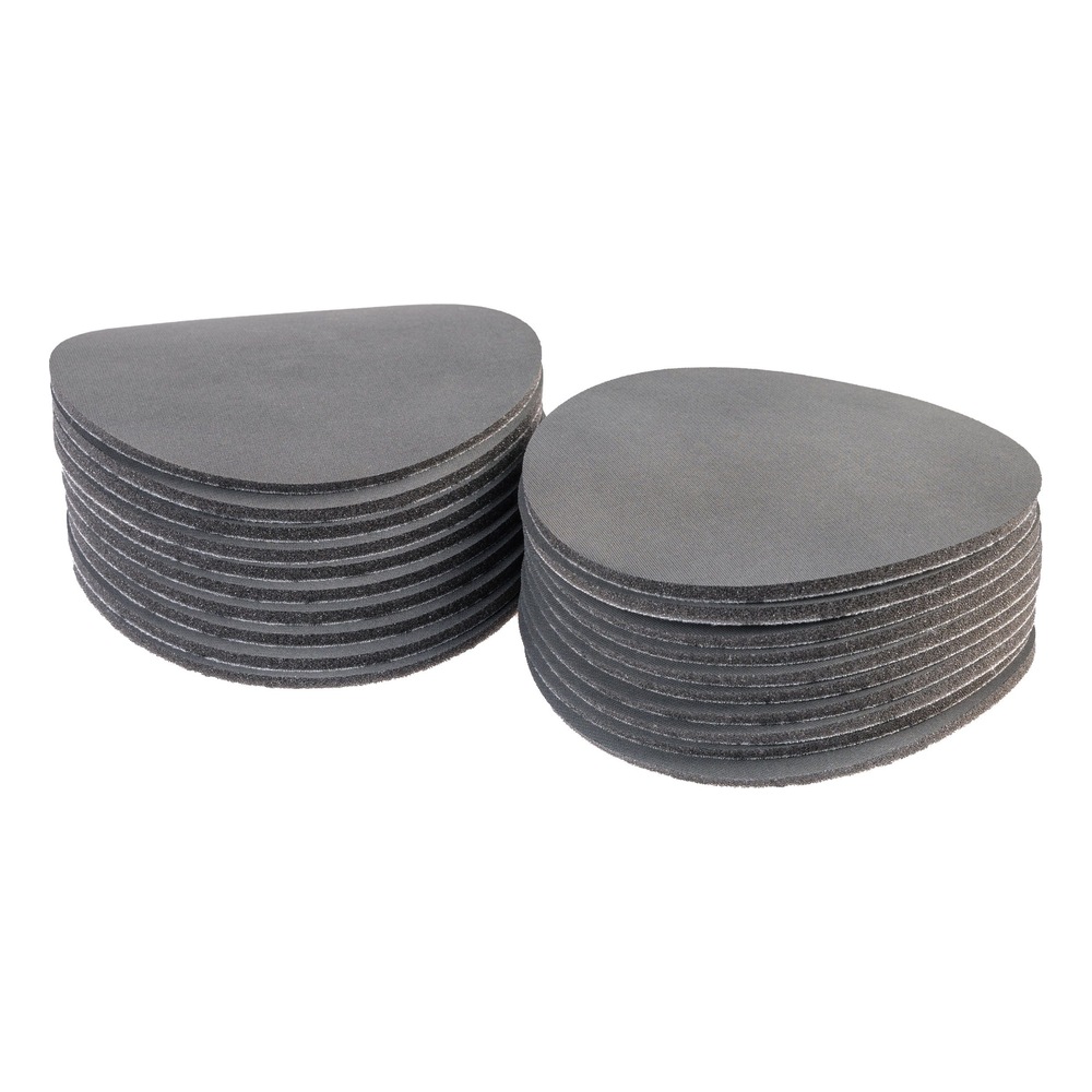 Two stacks of round gray sanding discs shown side by side on a white