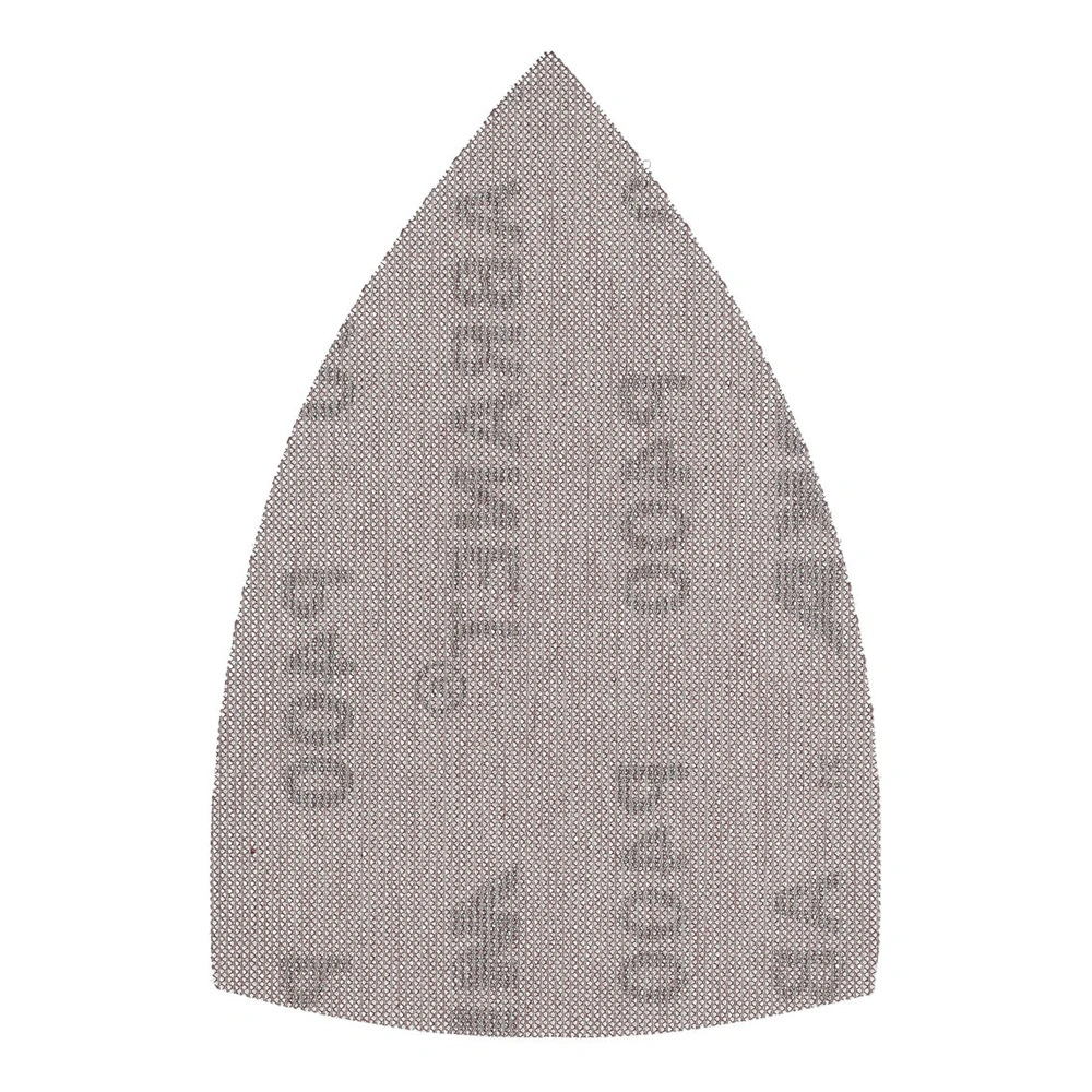 A thin triangular sanding sheet in a light color with a fine mesh texture