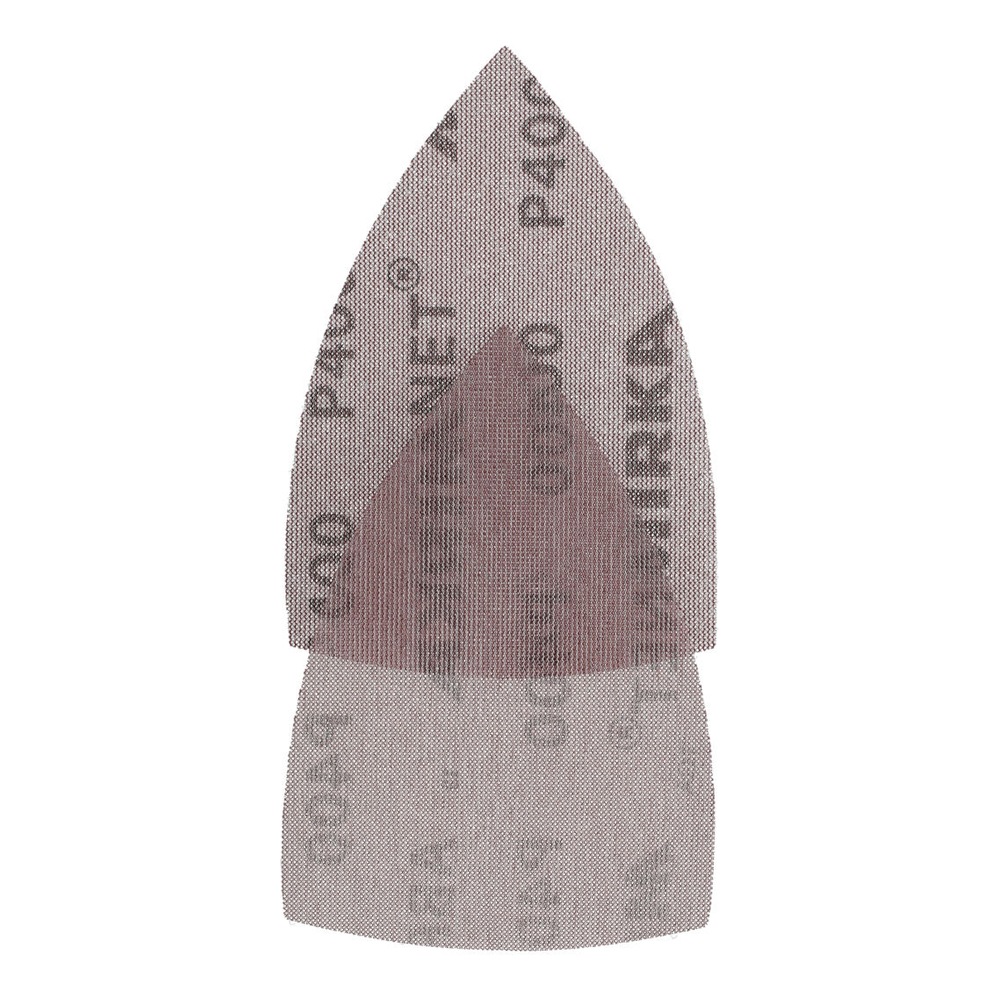 Two overlapping triangular sanding mesh sheets on a white background