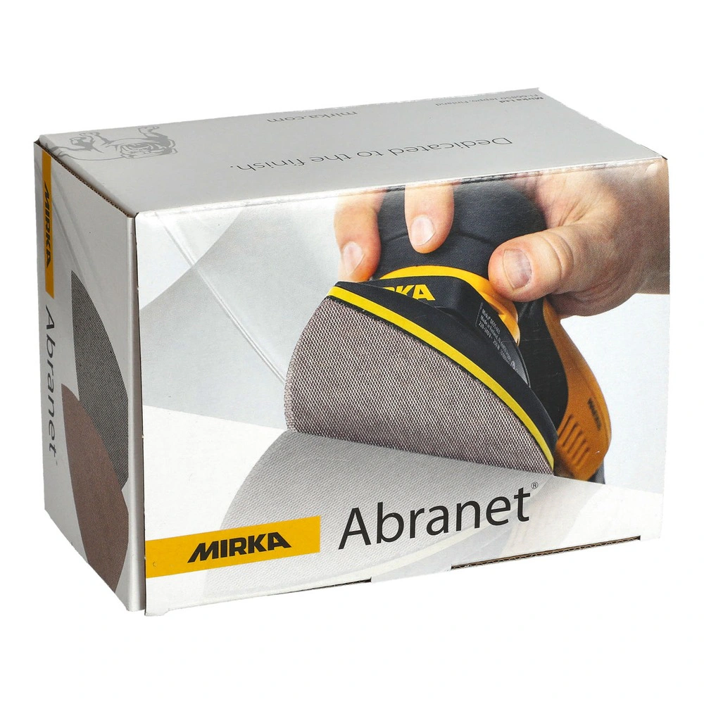 Branded product box with triangular sanding mesh sheets, angled front view