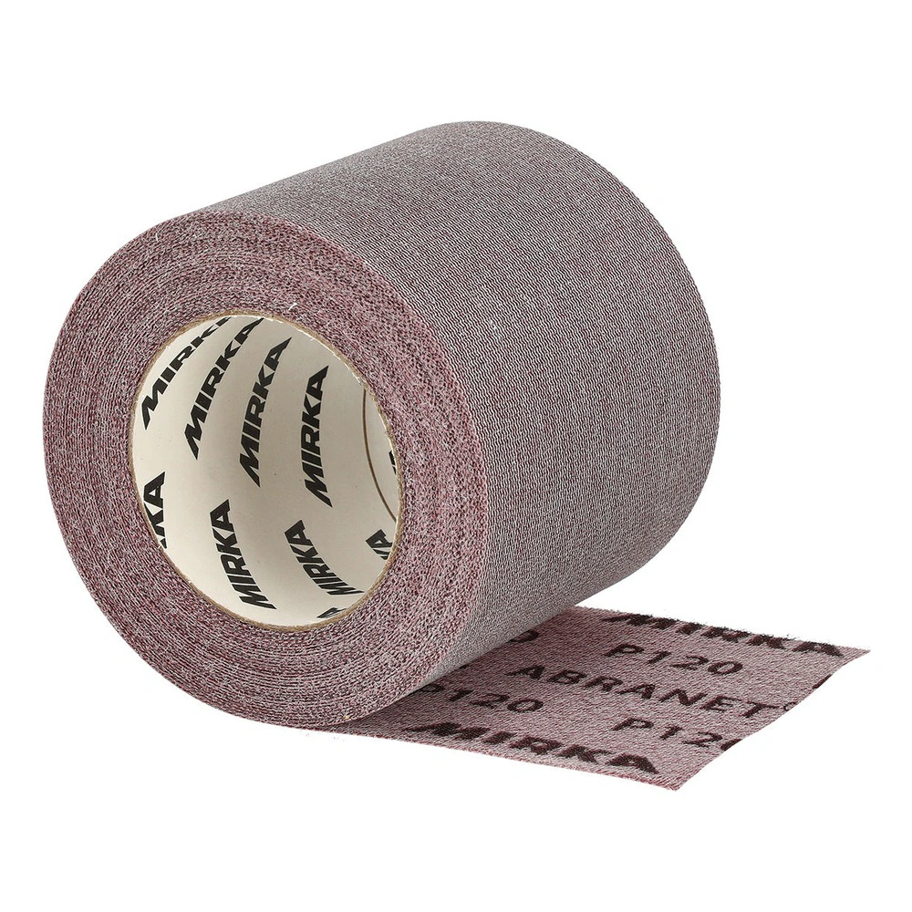 A roll of reddish-brown sanding mesh with a white printed core labeled Mirka