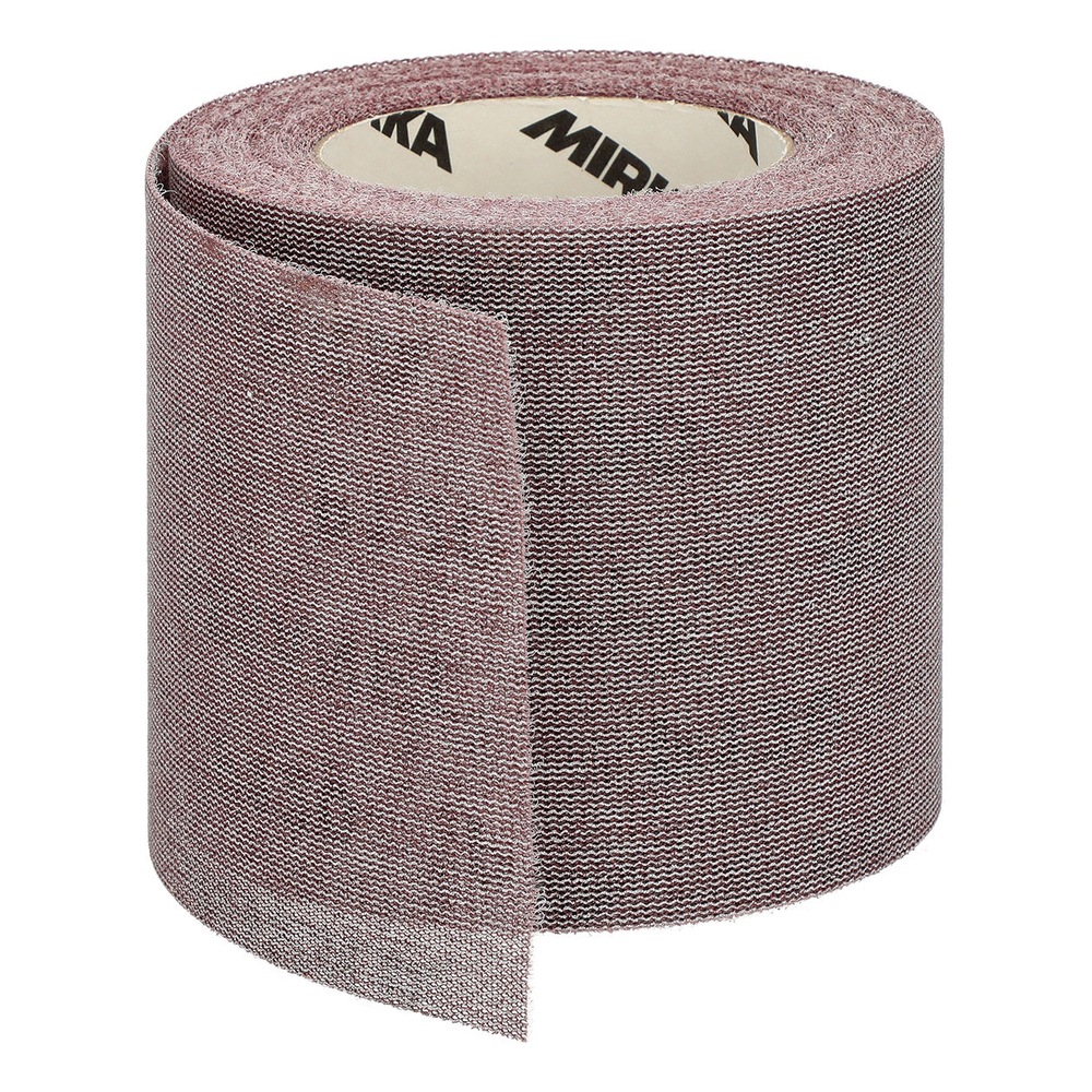 An upright reddish-brown sanding mesh roll with an open edge and material