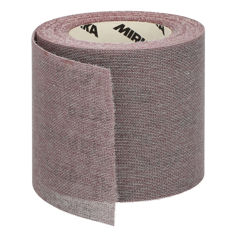 An upright reddish-brown sanding mesh roll with an open edge and material