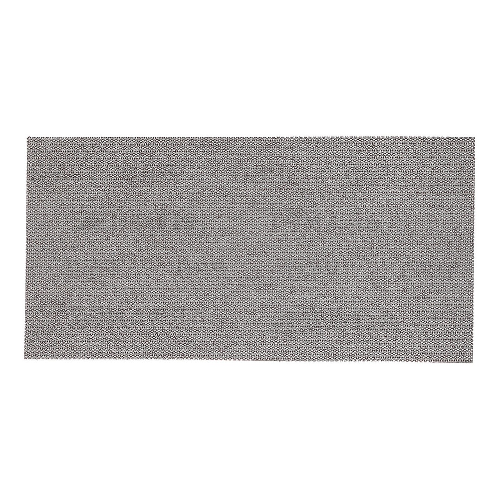 A flat rectangular mesh sanding strip, gray-brown in color, on a white