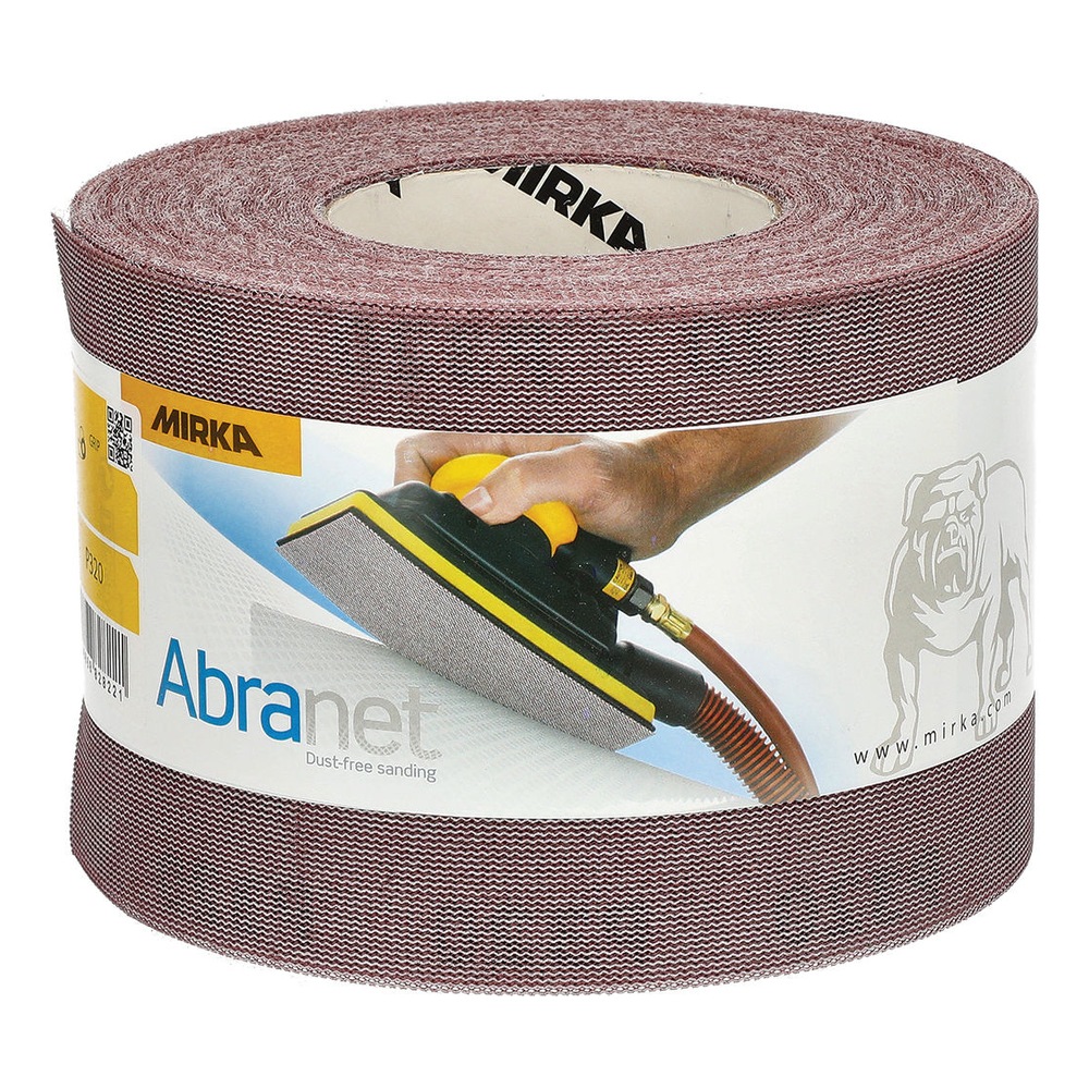 A brown mesh sanding roll with Mirka Abranet label, shown in a front view