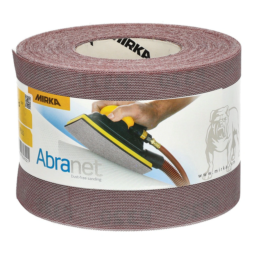 A brown mesh sanding roll with Mirka Abranet label, shown in a front view