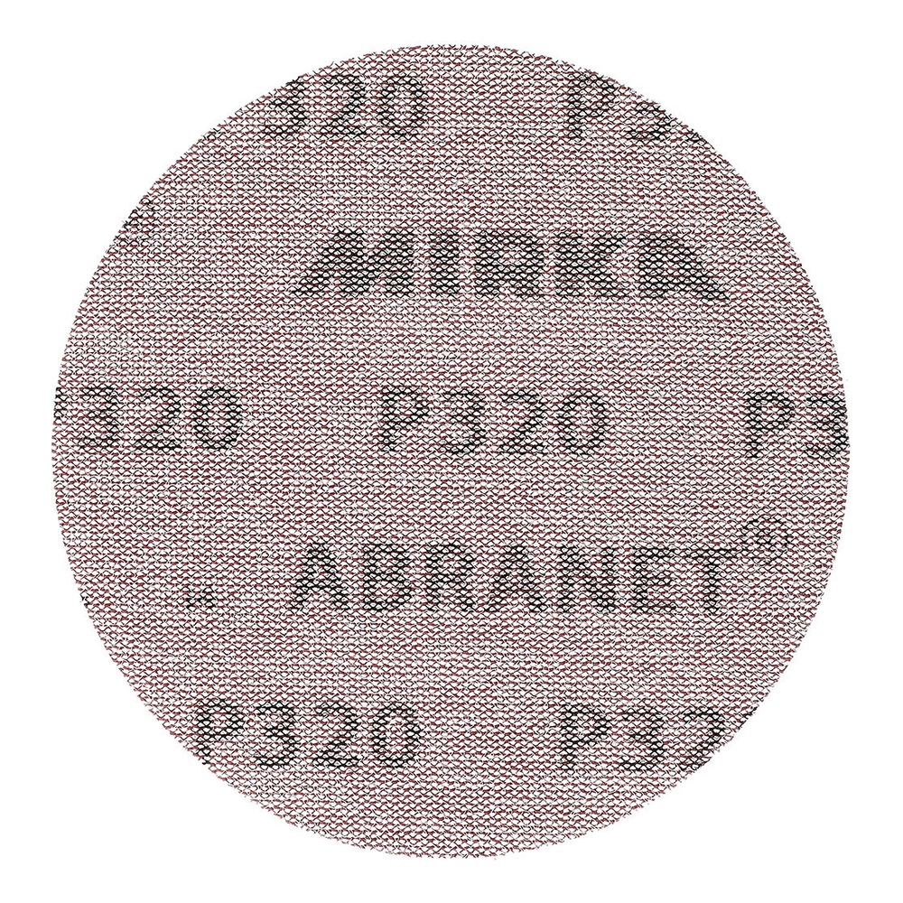 דיסקת ליטוש עגולה בצבע חום-אדמדם עם הדפס Mirka Abranet, מוצגת על רקע לבן - A round reddish-brown sanding disc with Mirka Abranet print, shown