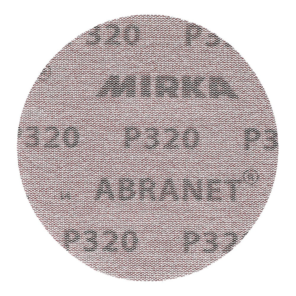 דיסקת ליטוש עגולה בצבע חום-אדמדם עם הדפס Mirka Abranet, מוצגת על רקע לבן - A round reddish-brown sanding disc with Mirka Abranet print, shown