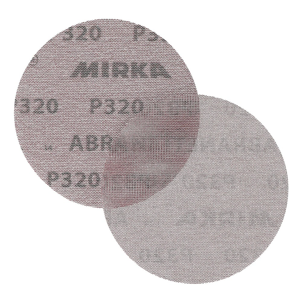 Two overlapping round sanding discs, one reddish-brown with Mirka print