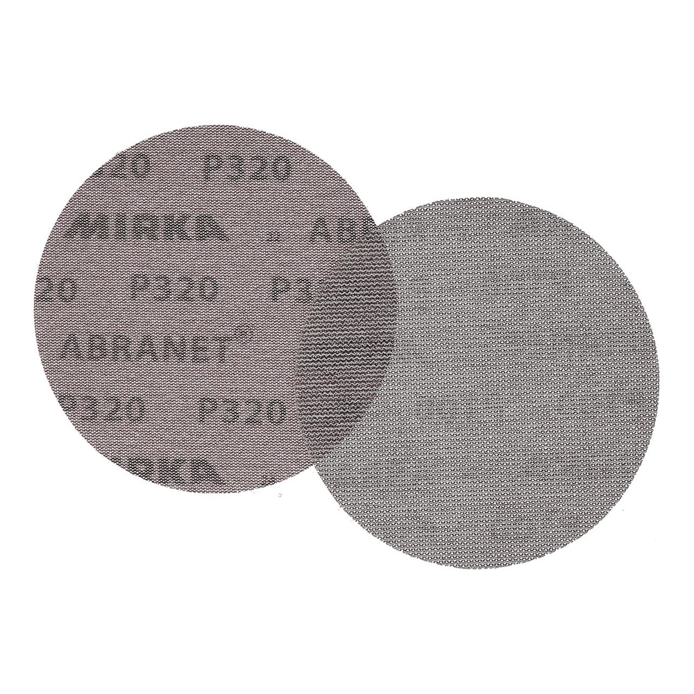 Two round mesh sanding discs overlapping each other on a white background