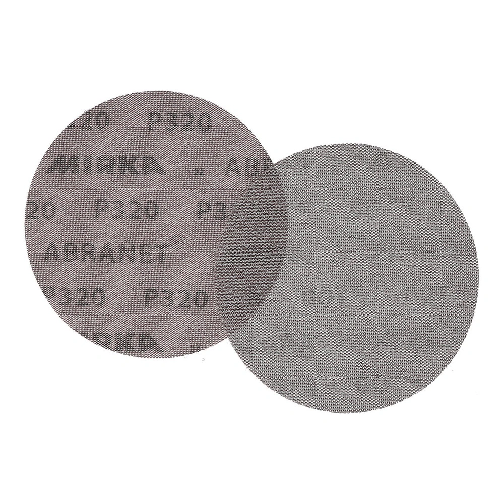 Two round mesh sanding discs overlapping each other on a white background
