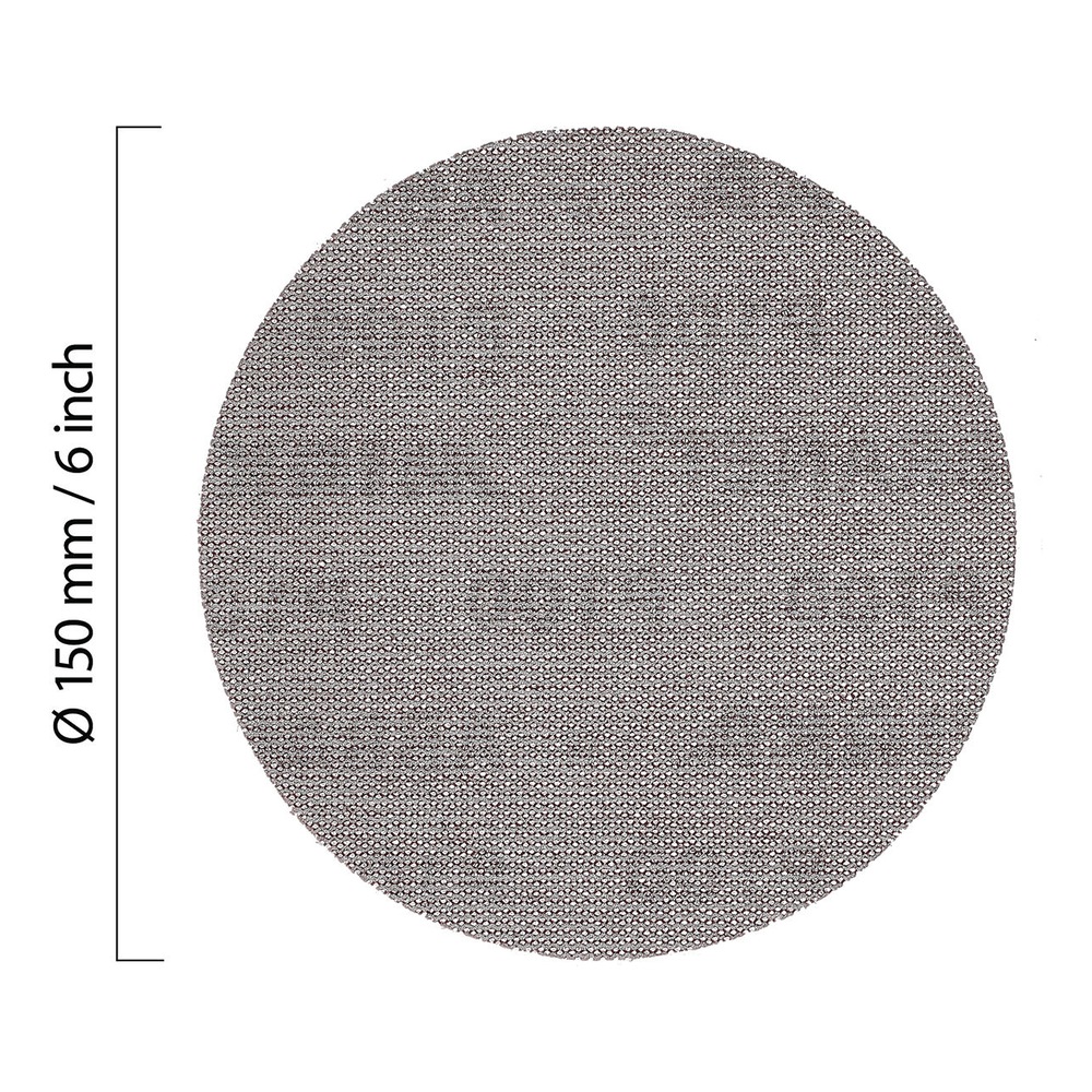 A round mesh sanding disc with a printed diameter marking on the left side