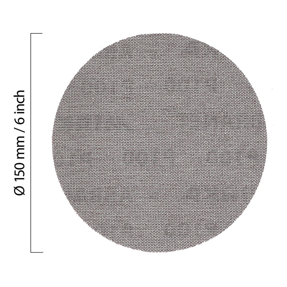 A round mesh sanding disc with a printed diameter marking on the left side