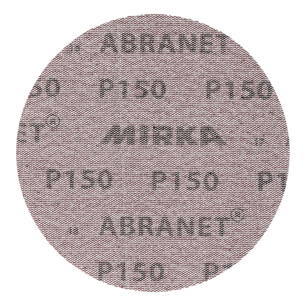 A round mesh sanding disc with black printed text on the surface